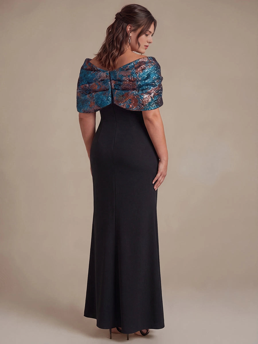 Roselledress Black Mermaid Off Shoulder Bow Sleeve Button Back Floor Length Plus Size Wedding Guest Dress 