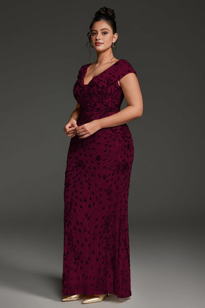 Slim Mermaid Deep V Cap-Sleeve V-Back Floor-Length Plus Size Mother Of Bride Dress
