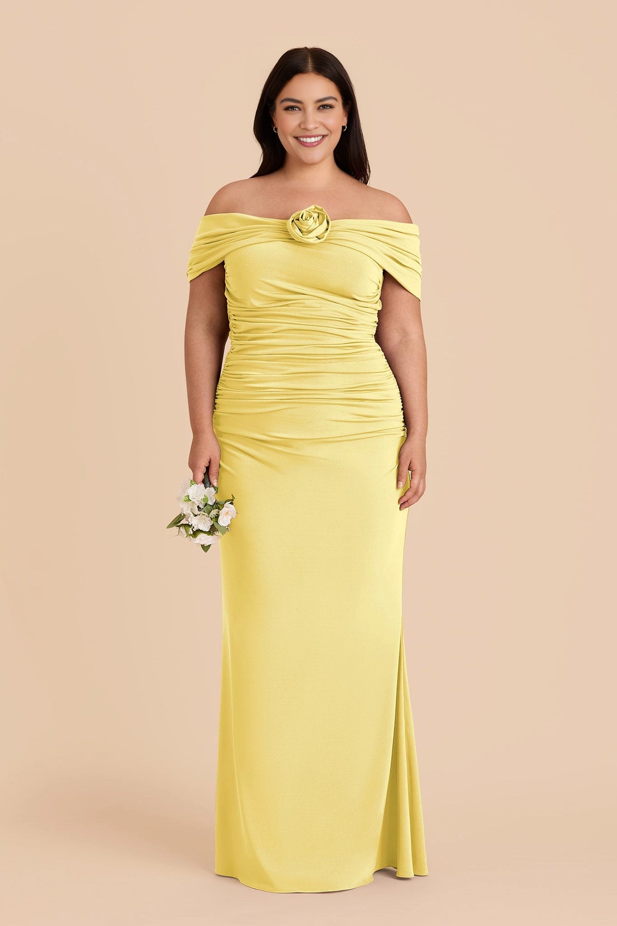 Elegant Off‑the‑Shoulder Ruched Mermaid Twist‑Back Maxi Plus Size Bridesmaid Dress