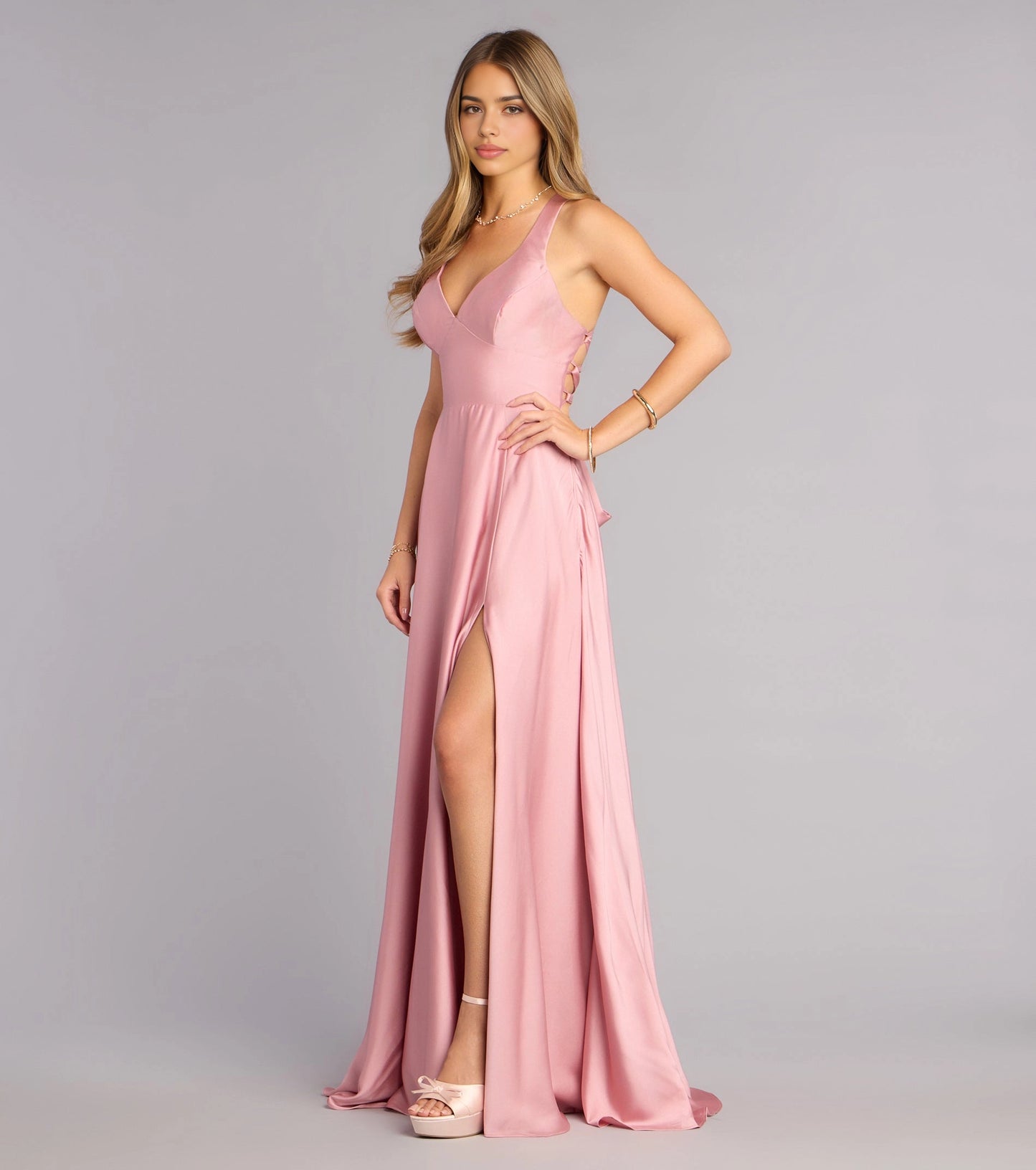 Roselledress Lustrous Satin Aline Spaghetti Criss CrossTie Back Plus size Slit Maxi Prom Dress