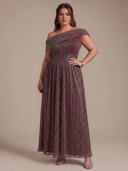 Roselledress Metallic Green A Line Off Shoulder Cap Sleeve Open Back Floor Length Plus Size Wedding Guest Dress 