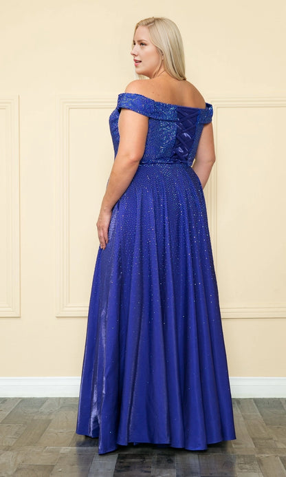 Elegant A-Line Off The Shoulder Corset Back Floor-Length Plus Size Rhinestone Satin Prom Dress