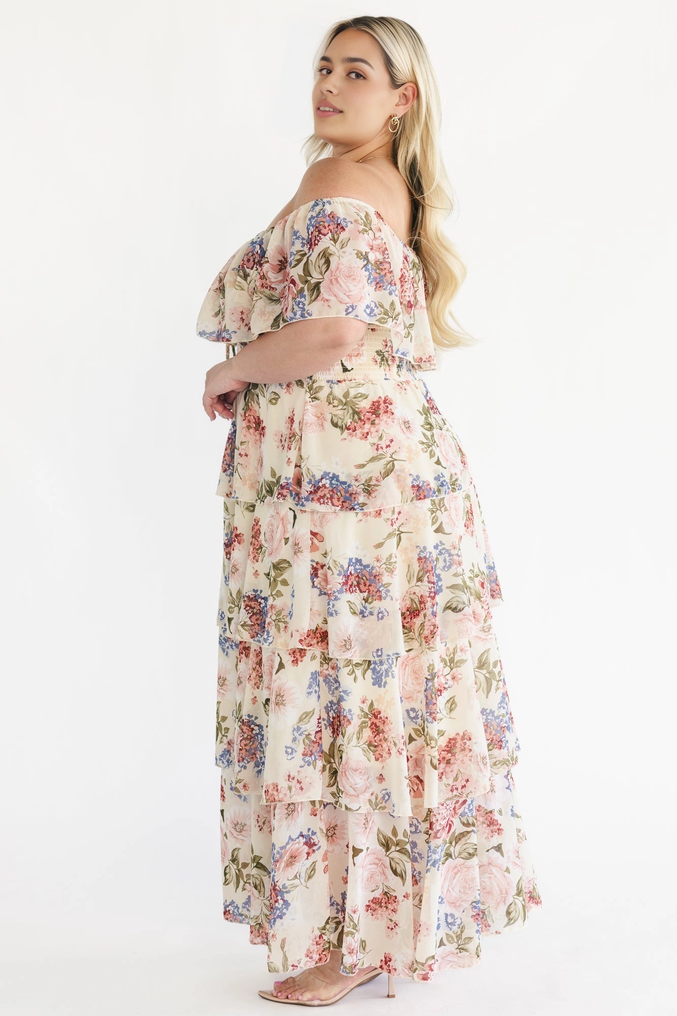 Roselledress vintage flower print tiered gown plain smocked back rear shot