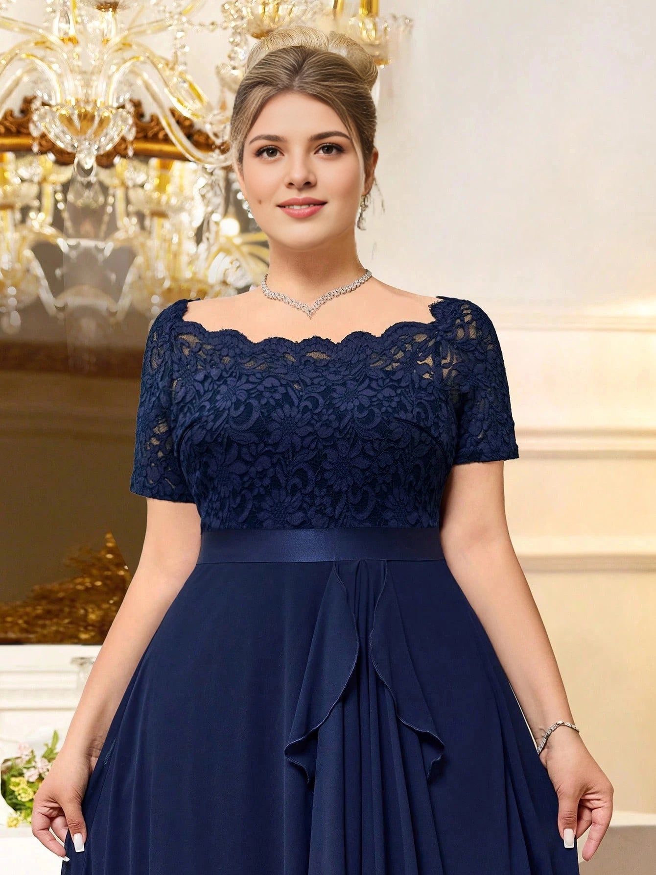 Elegant A‑Line Scalloped‑Square Short‑Sleeve Scalloped‑Back Floor‑Length Mother Of Bride Dress