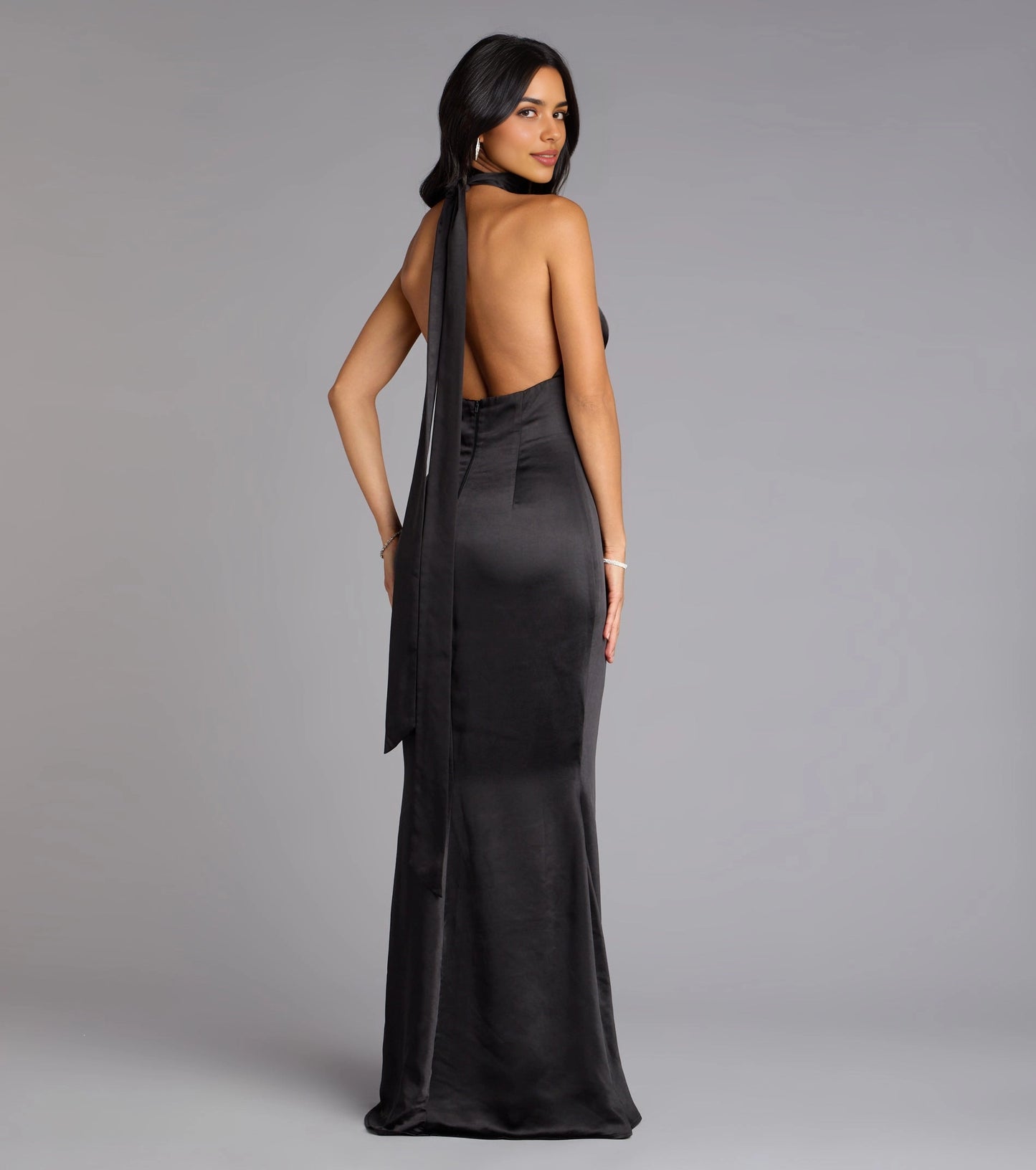roselledress long tie open back black halter satin mermaid evening gown