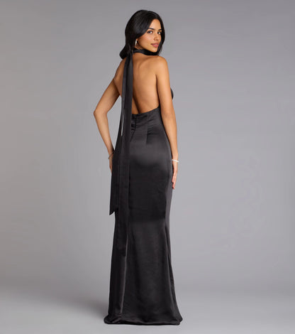 roselledress long tie open back black halter satin mermaid evening gown