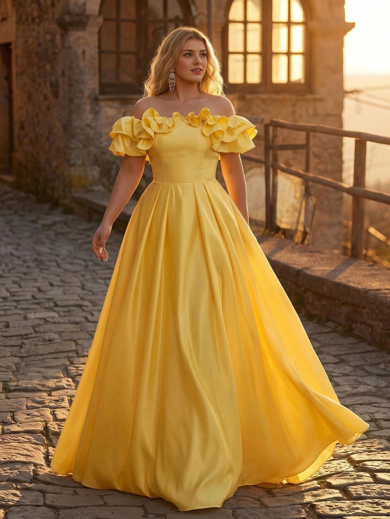 Plus Size Yellow A‑Line Off‑The‑Shoulder Ruffle‑Sleeve Corset‑Back Floor‑Length Prom Dress