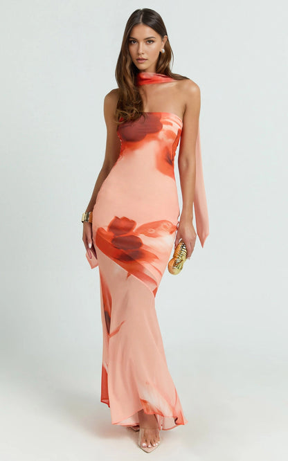 Midi Halter Open Back Floral Print Chiffon Plus Size Wedding Guest Midi Dress