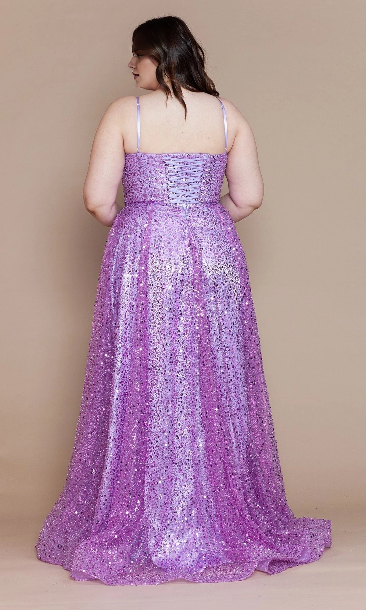 Sparkly A-Line Square Neck Spaghetti Strap Lace-Up Back Slit Floor Length Plus Size Sequin Prom Dress
