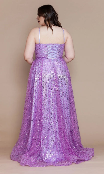Sparkly A-Line Square Neck Spaghetti Strap Lace-Up Back Slit Floor Length Plus Size Sequin Prom Dress