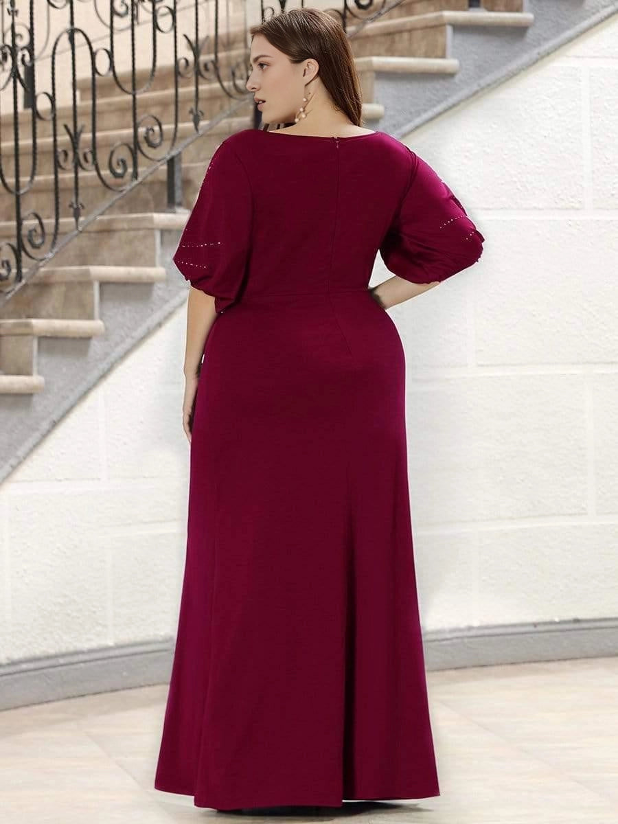 Roselledress Beaded A-Line Plus Size Scoop Cutout Sleeve Zipper Back Floor Weeding Guest Dress