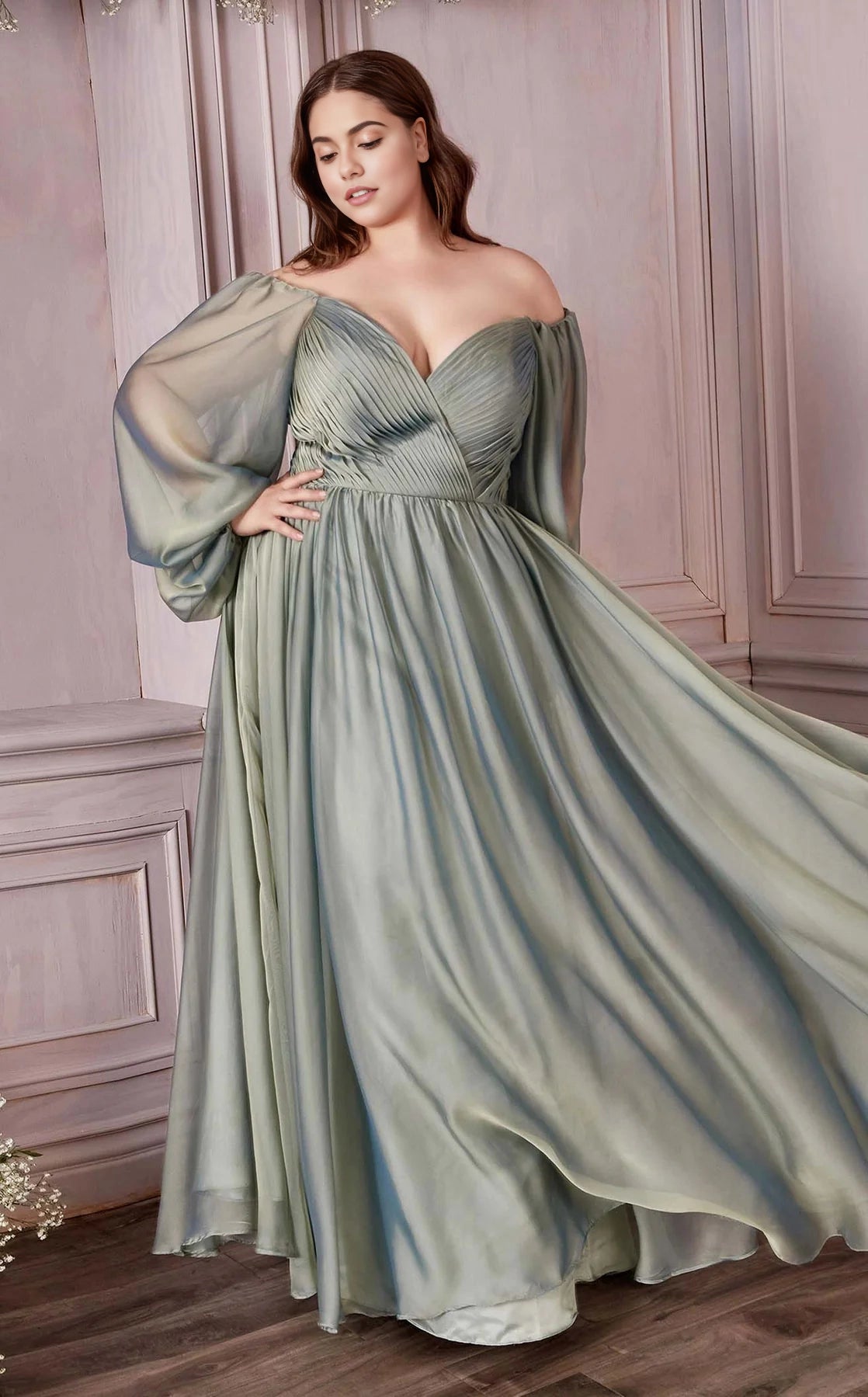 Roselledress sage green plus size chiffon bridesmaid dress two way off shoulder puffy sleeve flowy maxi dress