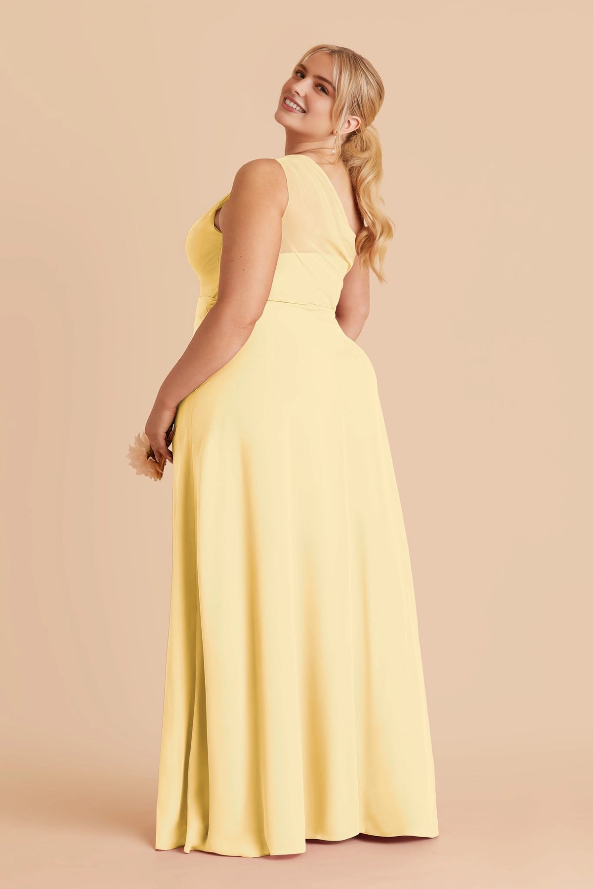 One shoulder mesh back plus size pale yellow chiffon bridesmaid dress side back view roselledress