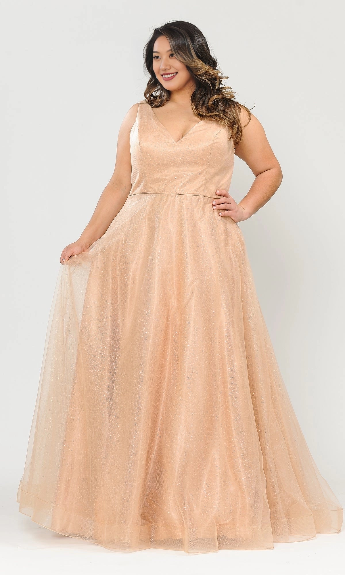 Glitter A-Line V-Neck Sleeveless Lace-Up Back Floor Length Plus Size Tulle Prom Dress