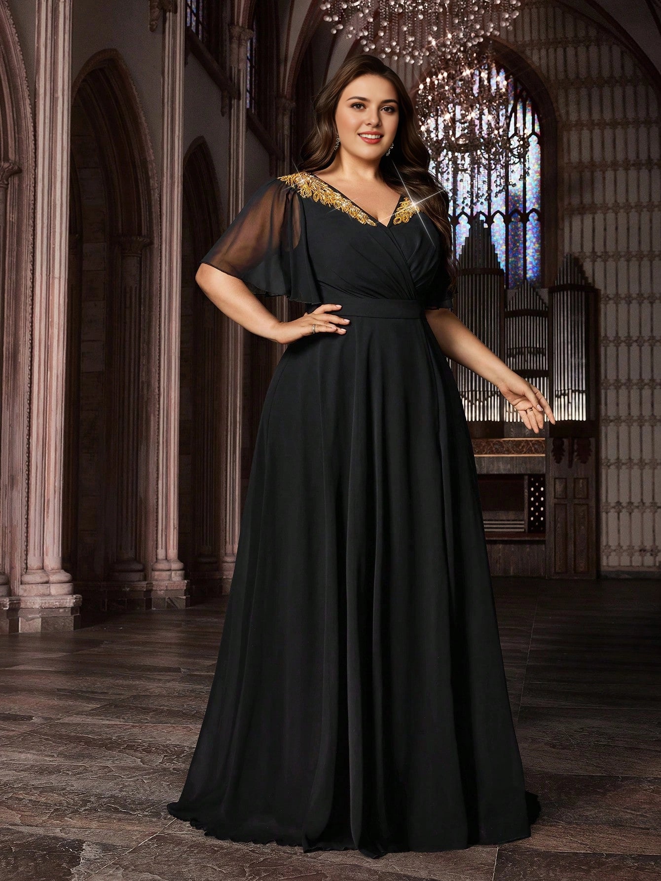 Black Plus Size A‑Line V‑Neck Flare‑Chiffon‑Sleeve Solid‑Back Floor‑Length Prom Dress