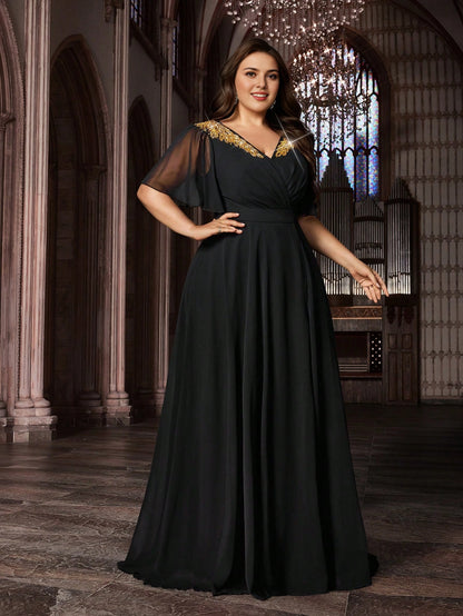 Black Plus Size A‑Line V‑Neck Flare‑Chiffon‑Sleeve Solid‑Back Floor‑Length Prom Dress