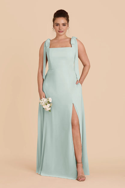 Flowy Chiffon A‑Line Square Neck Tie‑Strap Square‑Back Slit Maxi Plus Size Bridesmaid Dress