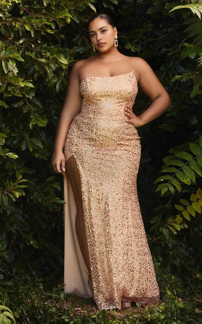 Roselledress Sparkly Plus Size Mermaid Strapless Lace Up Back High Slit Sequin Prom Dress