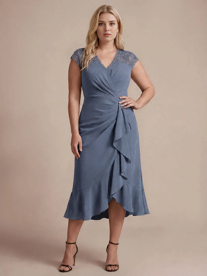 Roselledress Dusty Mauve Wrap V-Neck Lace Cap Sleeve Zip Back Midi Plus Size Weeding Guest Dress