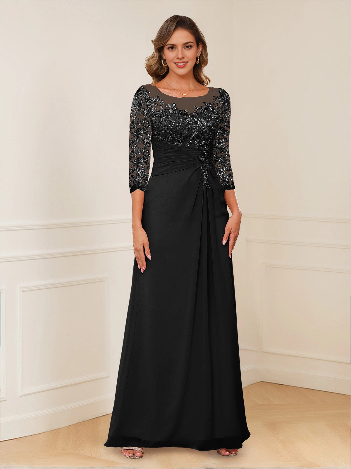 Ruched A-Line Bateau-Neck 3/4-Sleeve Keyhole-Back Floor-Length plus size Mother Of Bride Dress