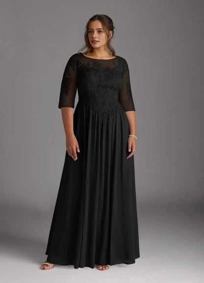 Roselledress black lace chiffon plus size mother gown bateau neck 3/4 sleeve maxi dress front photo