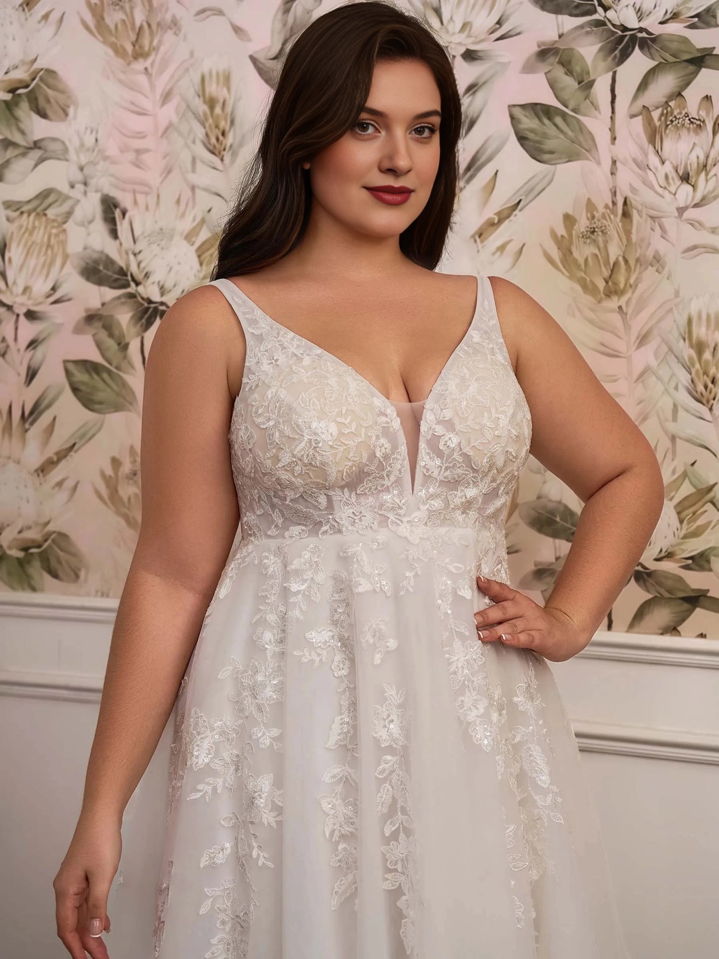 Elegant A‑Line V‑Neck Sleeveless U‑Back Court‑Train Plus Size Wedding Dress