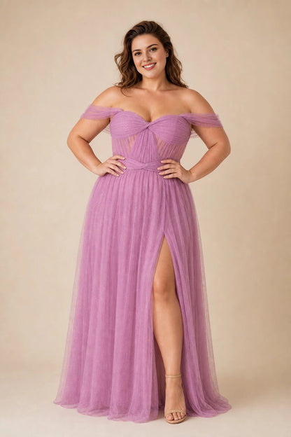 Dreamy A Line Off Shoulder V Back Bow Zipper Back Plus Size Glitter Tulle Maxi Prom Dress