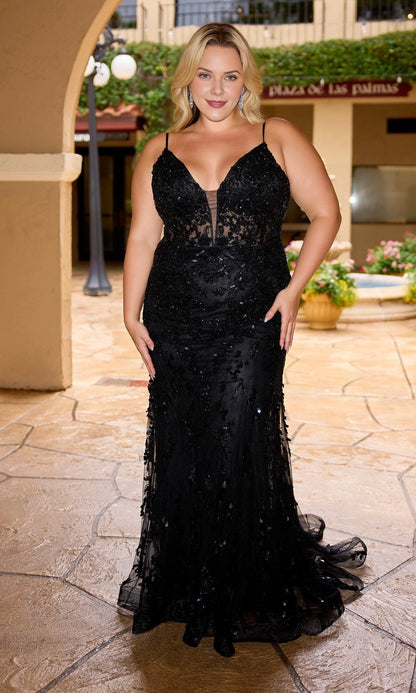 Elegant Mermaid V‑Neck Spaghetti Strap Lace‑Up Back Train Length Plus Size Floral Sequin Wedding Guest Dress