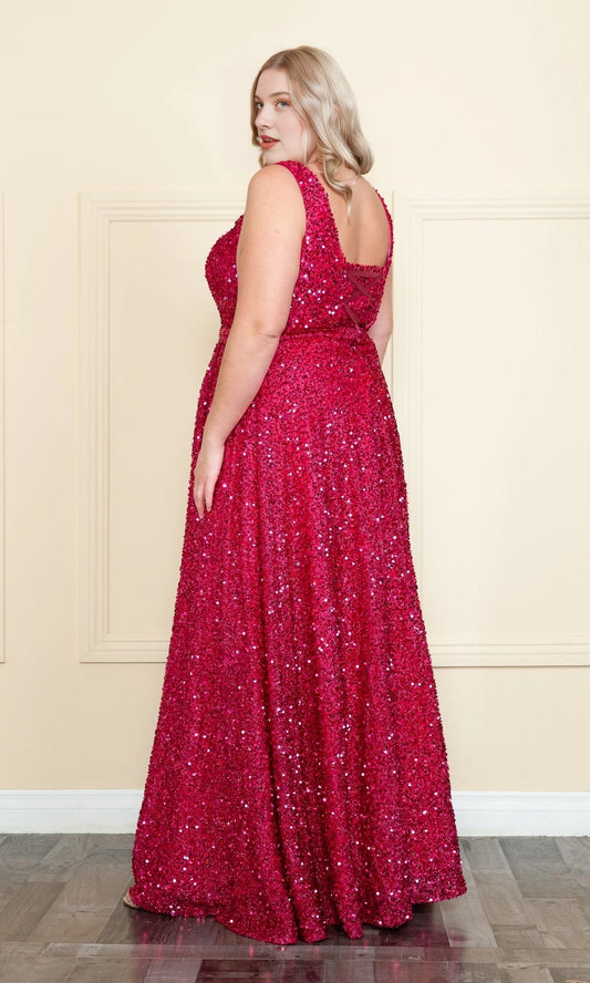 Plus size fuchsia sequin evening dress with scoop back and crisscross lace-up detail
