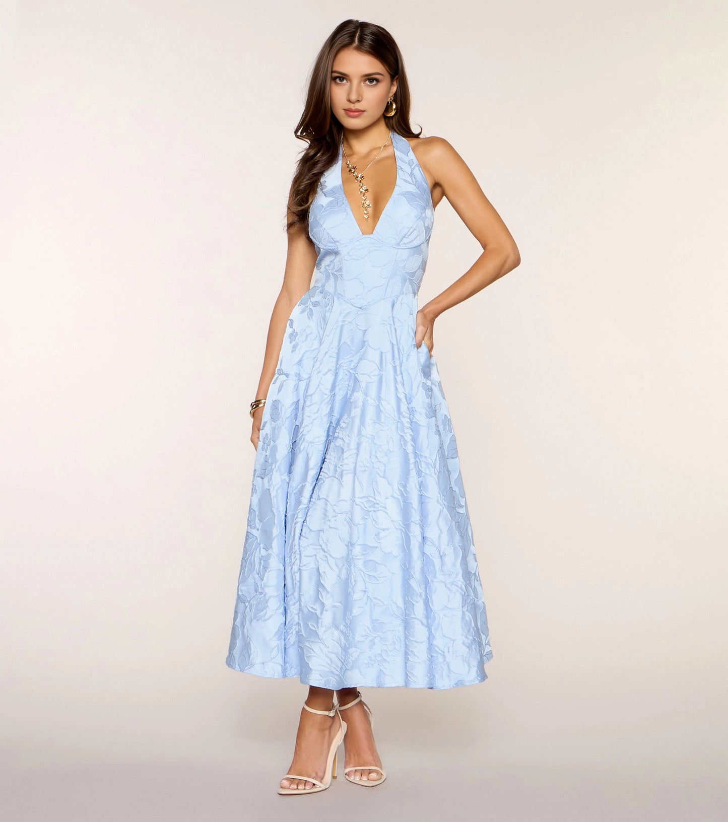 Roselledress Soft A-Line Halter V Neck Lace-Up-Back Midi Tea Length Plus Size Prom Dress