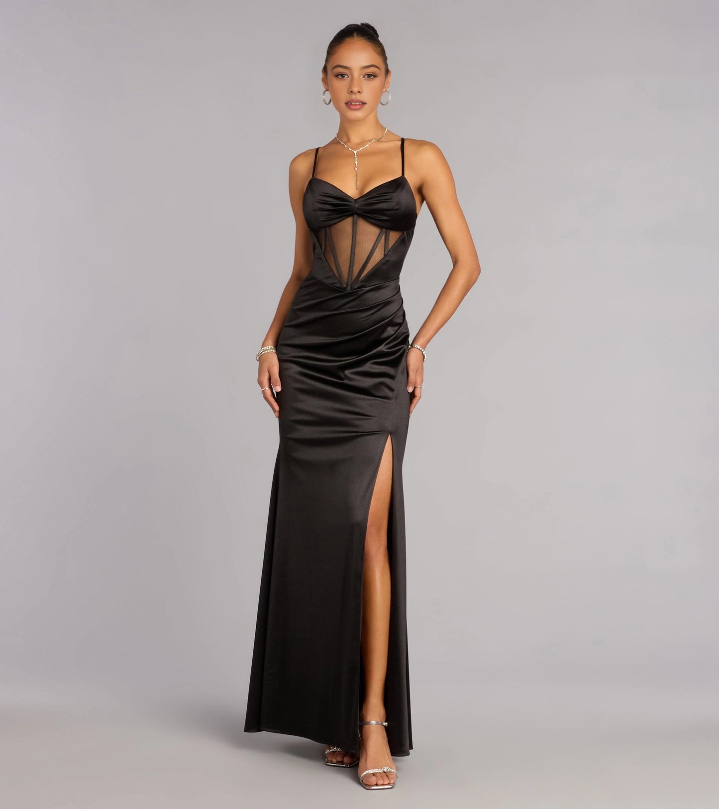 RoselleDress black satin mermaid prom dress spaghetti mesh corset bust high slit grey studio shot