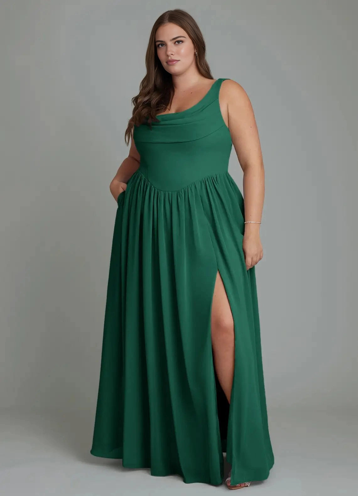 Roselledress Elegant A-Line Cowl Neck Sleeveless Draped Back Maxi Plus Size Bridesmaid Dress