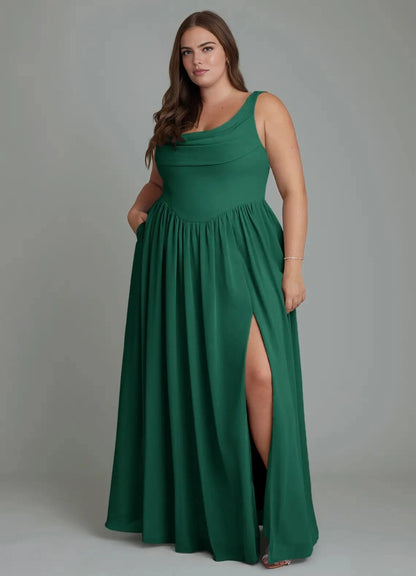 Roselledress Elegant A-Line Cowl Neck Sleeveless Draped Back Maxi Plus Size Bridesmaid Dress