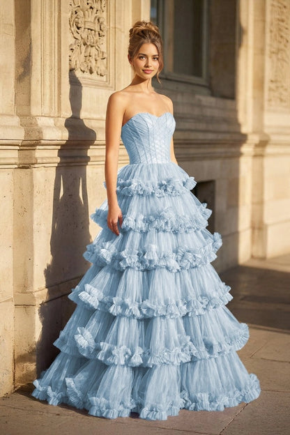 Roselledress Tiered A-Line Sweetheart Strapless Corset Lace-Up Back Ruffle Tulle Plus Size Prom Dress