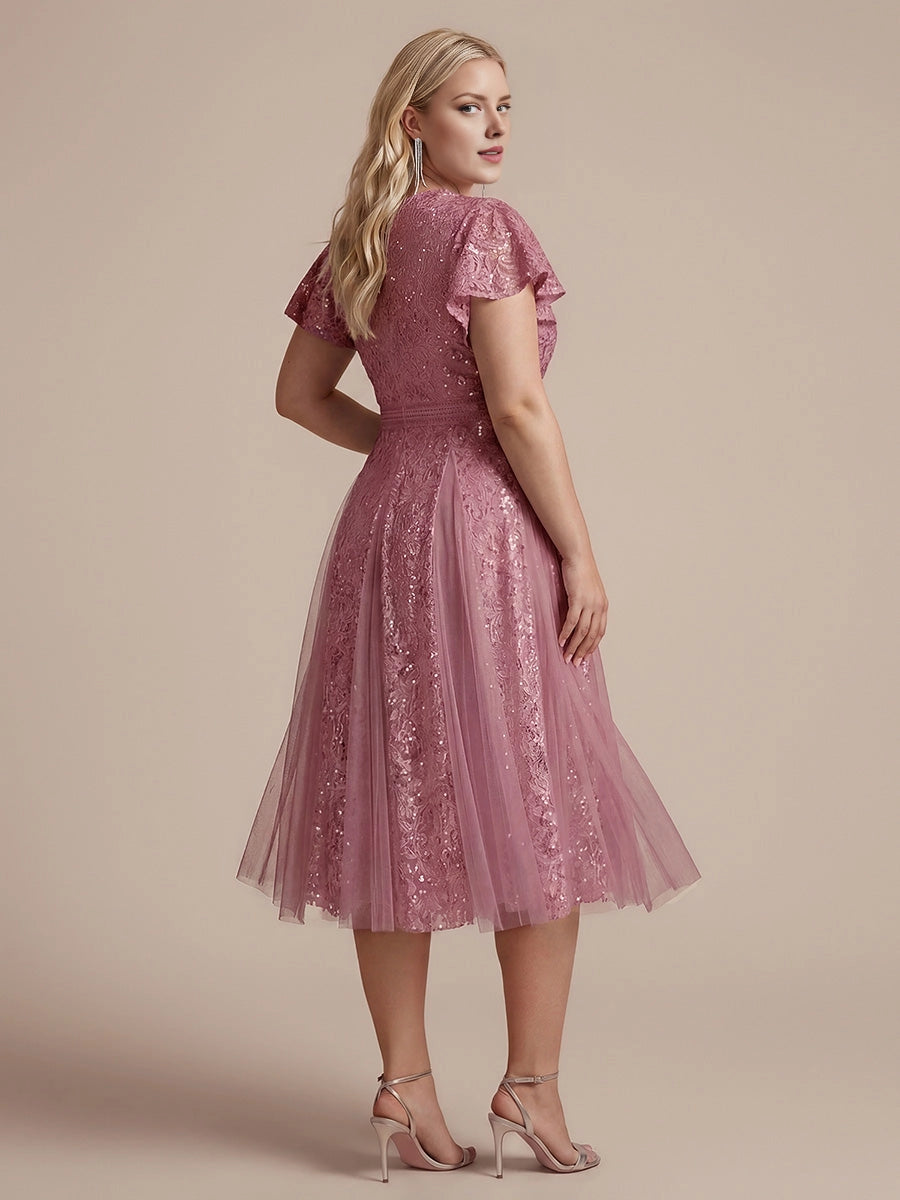 A-Line V Neck Flutter Sleeve Back Zipper Midi Length Plus Size Sequin Lace Wedding Guest Dress