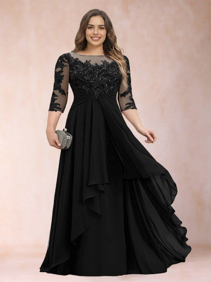Dark Grey A Line Illusion Round Neck 3/4 Sleeve Sheer Lace Back Floor Length Plus Size Mother Of The Bride Dress