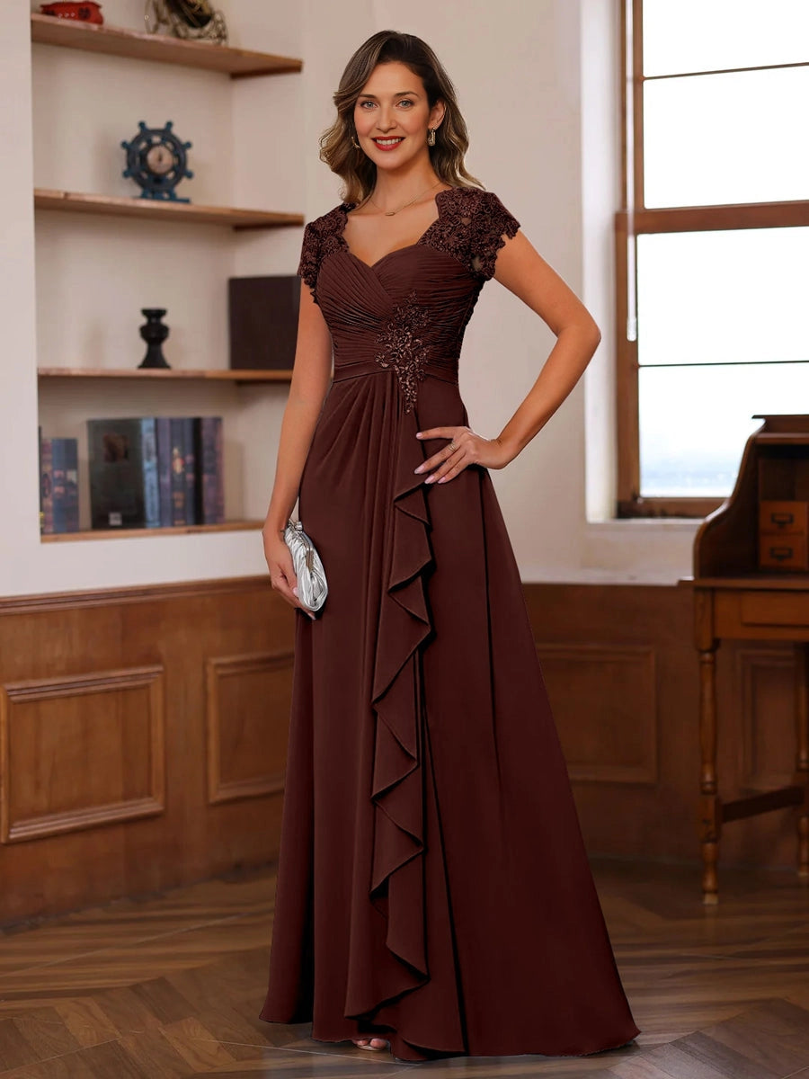 Romantic A-Line Sweetheart Neck Cap-Sleeve Closed-Back Floor-Length Mother of the Bride Dresses