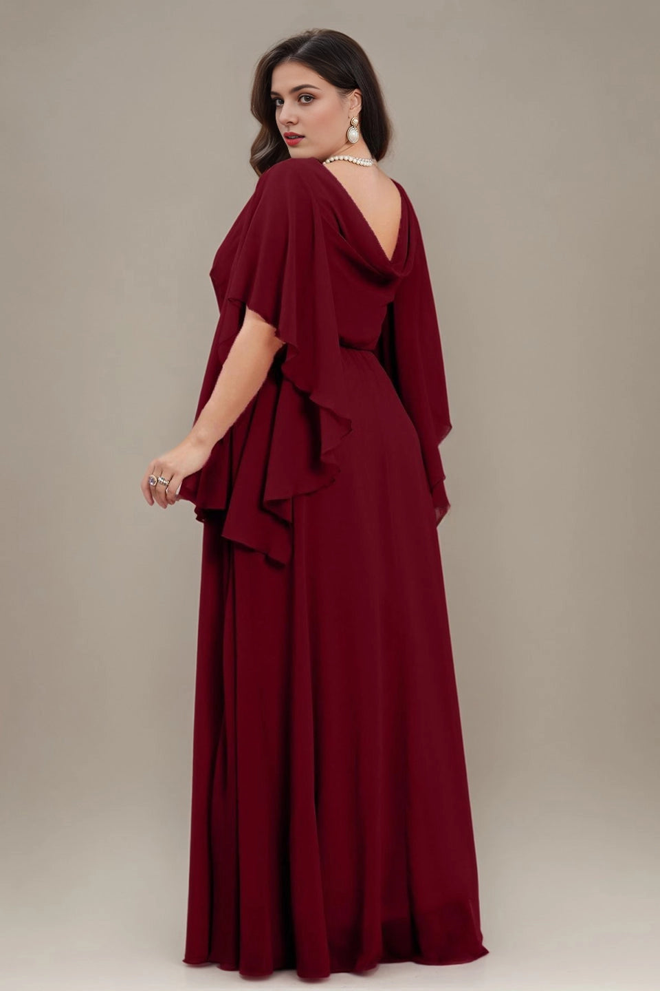 Dark Green Plus Size A‑Line V‑Neck Cape‑Sleeve Cowl‑Back Floor‑Length Prom Dress