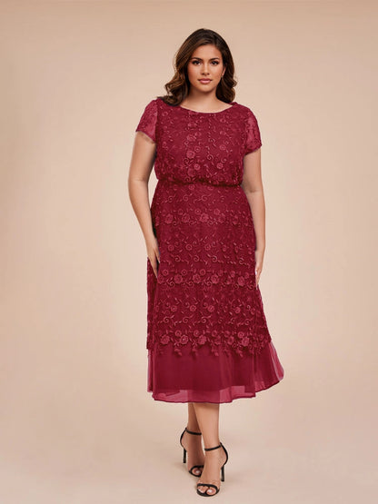 Elegant A‑Line Round Neck Short Sleeve Zipper‑Back Midi Length Formal Plus Size Mother Of The Bride Dress