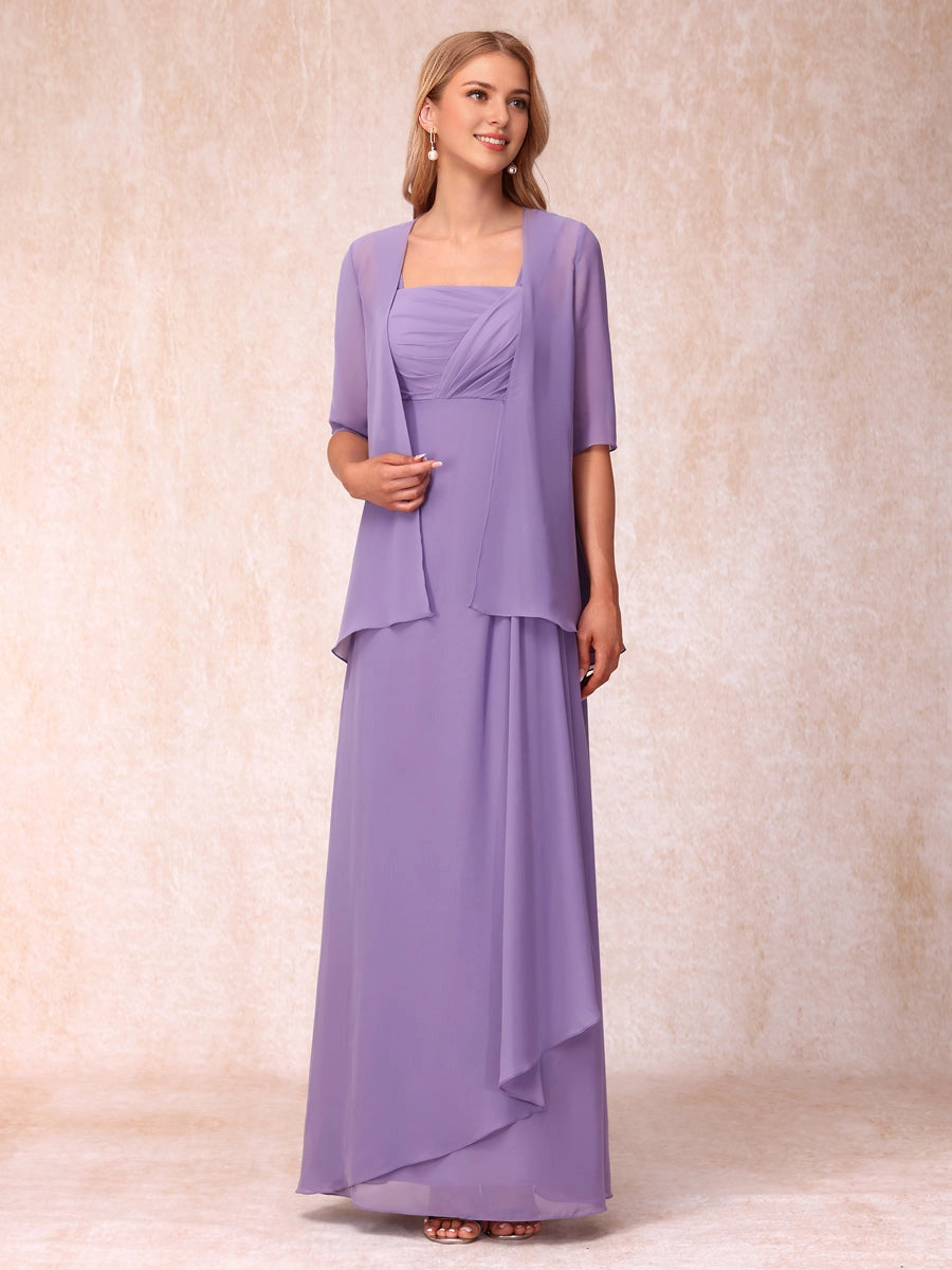 Soft A Line Square 3/4 Sleeve Solid Back Two Piece Long Mother Of Bride Dress