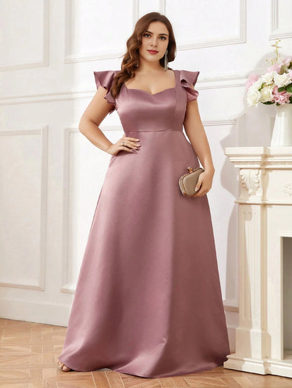 Black Plus‑Size A‑Line Sweetheart Ruffle‑Sleeve Zipper‑Back Floor‑Length Prom Dress