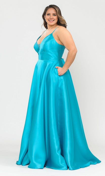 Classic A-Line V-Neck Spaghetti Strap Lace-Up Back Floor Length Plus Size Satin Prom Dress 