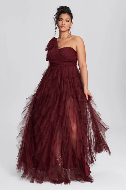 Peacock Plus Size A-Line One Shoulder Closed Back Long Prom Dress