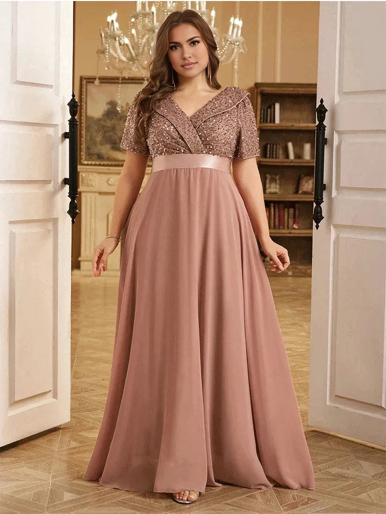 Elegant A‑Line V‑Neck Short‑Sleeve Zip‑Back Floor‑Length Plus Size Mother Of The Bride Dress