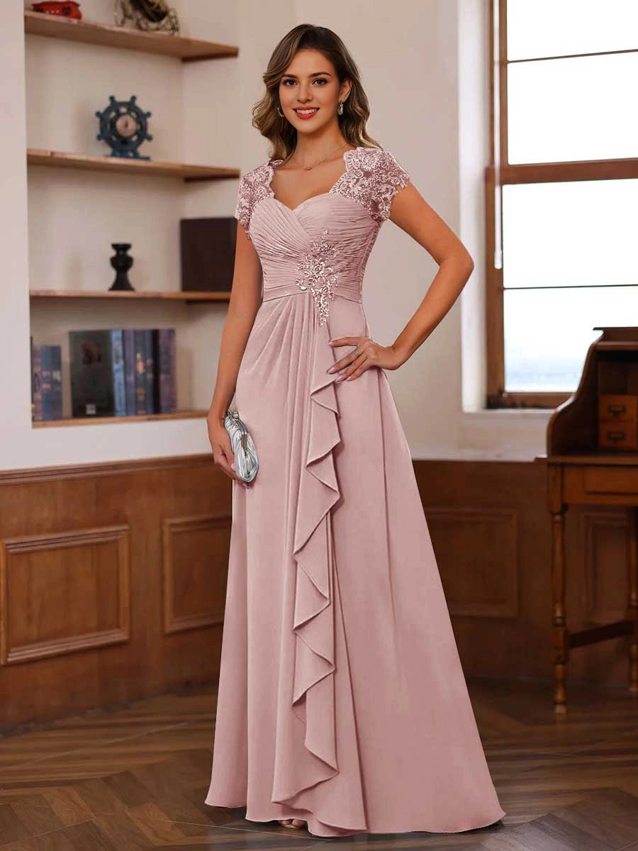 Romantic A Line Sweetheart Cap Sleeve V Back Long Mother Of Bride Dress