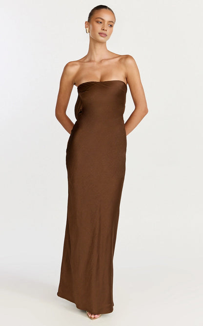 Strapless Cowl Back Button Detail Satin Bodycon Plus Size Wedding Guest Dress