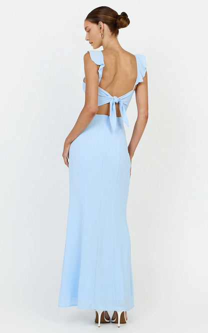 Ruffle Strap V Neck Tie Back Cutout High Slit Mermaid Plus Size Wedding Guest Dress 