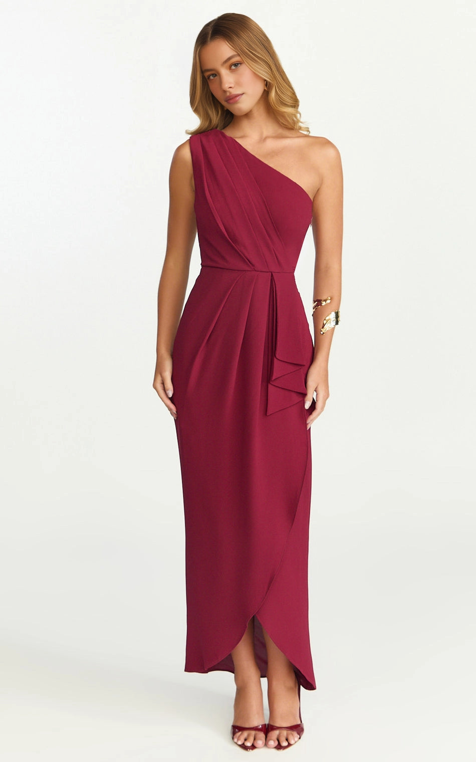Elegant Wrap One Shoulder Plain Back Ruched Side Slit Plus Size Maxi Formal Wedding Guest Dress