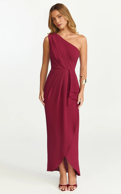 Elegant Wrap One Shoulder Plain Back Ruched Side Slit Plus Size Maxi Formal Wedding Guest Dress