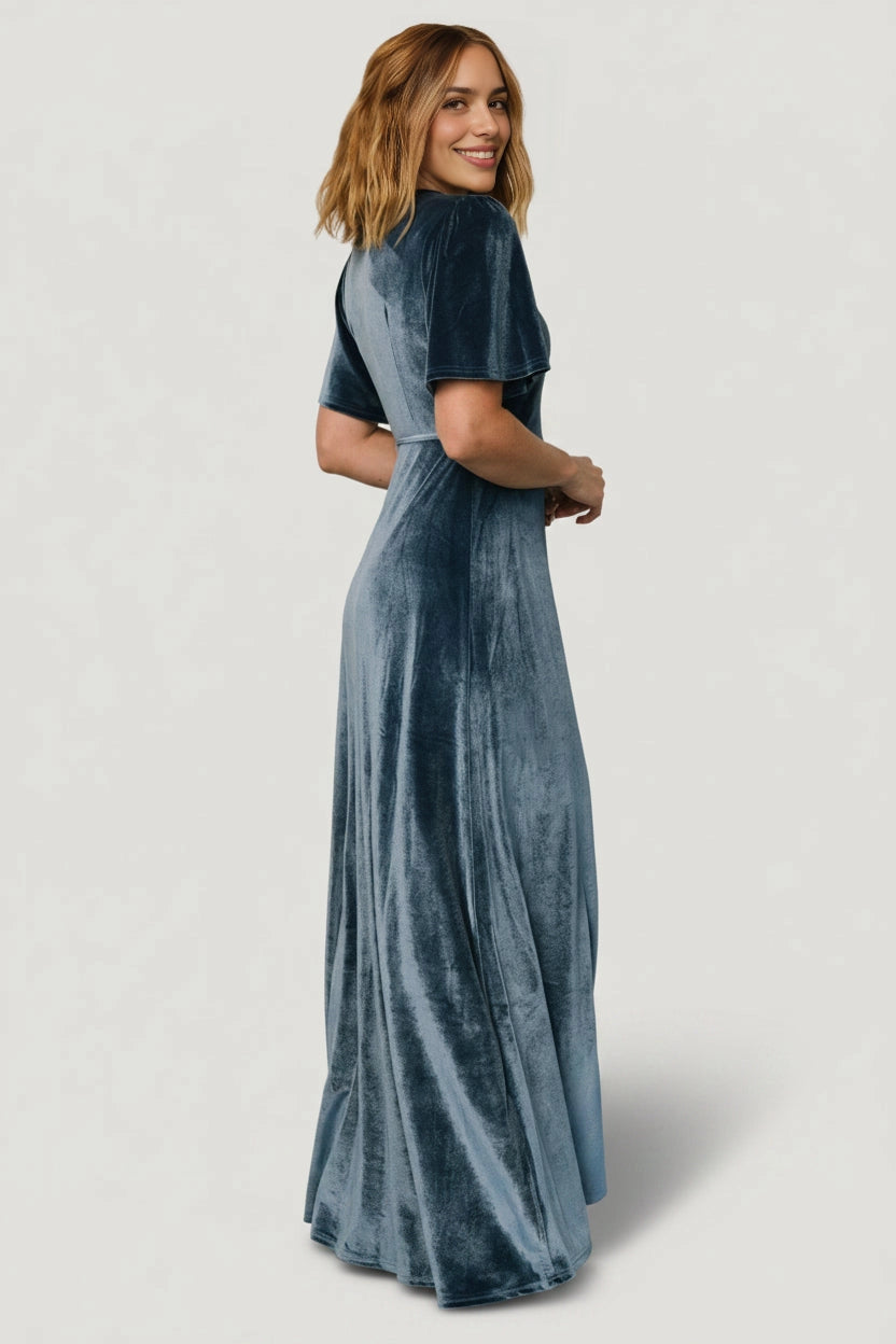 Soft A‑line V‑Neck Flutter Sleeve Closed‑Back Maxi Mother Of Bride Dress